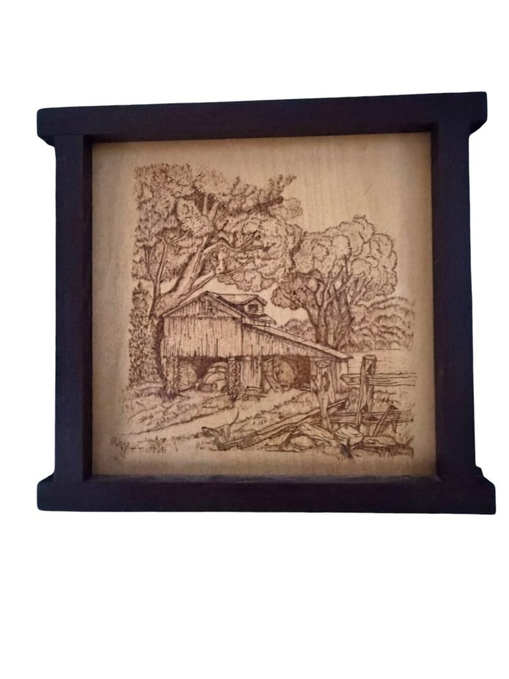 Ron Vittone Original Pyrography Wood Art Rustic Barn Wenge Frame 2012